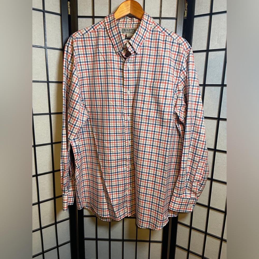 Duluth Trading Co Plaid Dress Shirt Mens L Orange Blue Check Button Down Preppy